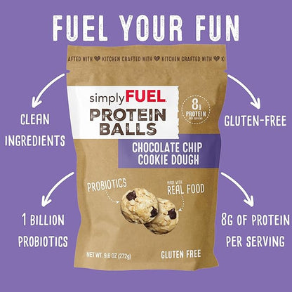 Whole Food Protein Balls with Probiotics - Chocolate Chip Cookie Dough Snacks - 8g Protein Snack - Gluten Free Energy Balls (1 Pack of 12 Balls)