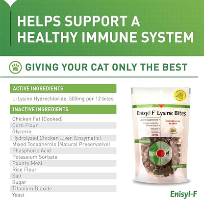 Vetoquinol Enisyl-F Lysine Bites: L-Lysine Chews for Cats & Kittens - Chicken Liver-Flavor, 6.4oz (180g) Reclosable Bag