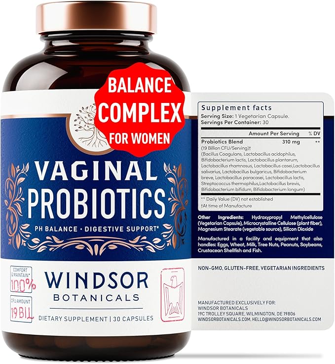 Vaginal Probiotics for Women - 19Bil CFU Lactobacillus Salivarius Probiotic for PH Balance, Digestive, Gut Health - Feminine Balance Complex Probiotics for Women BV Support Supplements - 30 Capsules