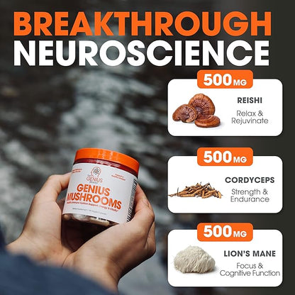The Genius Brand - Genius Mushroom Supplement - Lion's Mane, Cordyceps, Reishi - Brain Nootropic for Energy, Focus, Overall Wellness, & Immune Support, 180 Veggie Pills