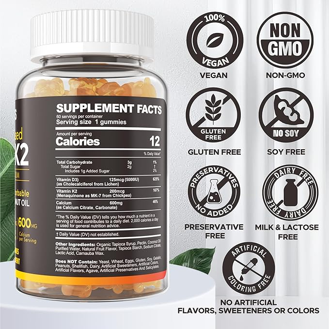 Vitamin D3 5000iu & K2( as MK7 ) 200mcg Gummies 600mg Calcium, D3 K2 K2 Supplement 60 Count
