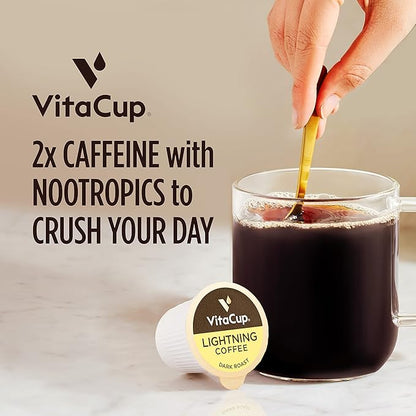 VitaCup Lightning Coffee Pods, for Memory & Focus w/ 2X Caffeine, Green Coffee Bean, B Vitamins, D3, Strong Dark Roast Coffee, Recyclable Single Serve Pod Compatible with Keurig K-Cup Brewers,32 Ct