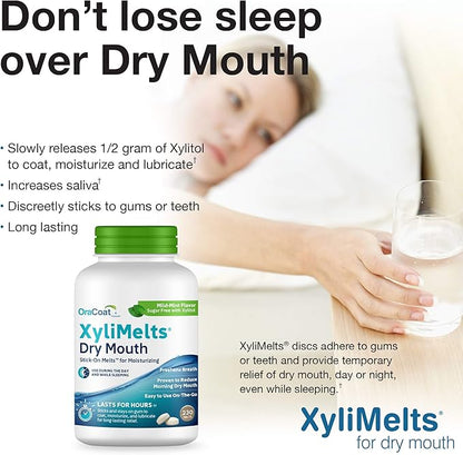 OraCoat XyliMelts Dry Mouth Relief Moisturizing Stick-On-Melts with Xylitol, 230 Count, Mild Mint, Helps Stimulate Saliva for Dry Mouth, Non-Acidic, Day & Night Use, Time Release for Up to 8-Hour