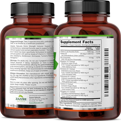 Zazzee Extra Strength 8-in-1 Immune Support, 1400 mg 180 Vegan 1000 mg 1000 IU D3, Zinc,