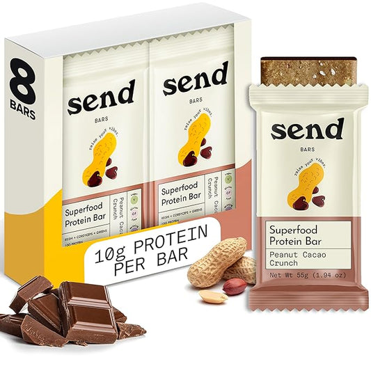 Send Bars Plant-Based Vegan Healthy Protein Bars, With Greens (Peanut Cacao Crunch, 8 Bars) – Increase Your Focus, Tolerance For Stress & Physical Output With Organic Ingredients
