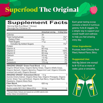 Amazing Grass Greens Blend Superfood: Greens Powder Mix for Energy, with Organic Spirulina, Chlorella, Beet Root Powder, Digestive Enzymes & Probiotics, Original, 30 Servings (Packaging May Vary)