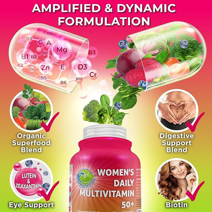 Women's Daily Multivitamin 50 plus - Vegan Multivitamin for Women 50 and over with Biotin, Organic Superfoods, B-Complex, Lutein for Optimal Health, Energy, Gut & Eye Support, Easy to Swallow Capsules