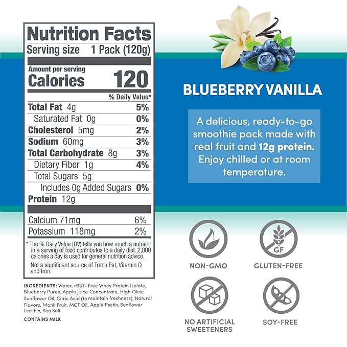 Designer Wellness Protein Smoothie, Real Fruit, 12g Protein, Low Carb, Zero Added Sugar, Gluten-Free, Non-GMO, No Artificial Colors or Flavors, Blueberry Vanilla, 12 Count