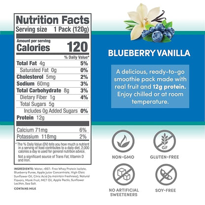 Designer Wellness Protein Smoothie, Real Fruit, 12g Protein, Low Carb, Zero Added Sugar, Gluten-Free, Non-GMO, No Artificial Colors or Flavors, Blueberry Vanilla, 12 Count