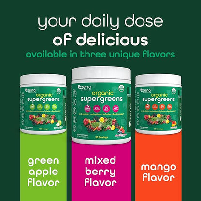 Zena Organic Super Greens Powder, 70+ Superfoods Drink Mix, 0 Sugar, 3G Fiber, Fruits, Veggies, Spirulina, Chlorella, Antioxidants, Pre & Probiotics, Digestive Enzymes, Green Apple Flavor, 30 Servings