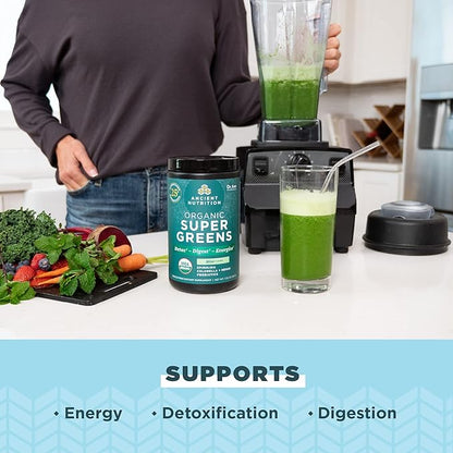 Ancient Nutrition SuperGreens Powder with Probiotics, Organic Peppermint Flavor Greens, Made from Real Fruits, Vegetables and Herbs, Digestive and Energy Support, 25 Servings, 7.23oz