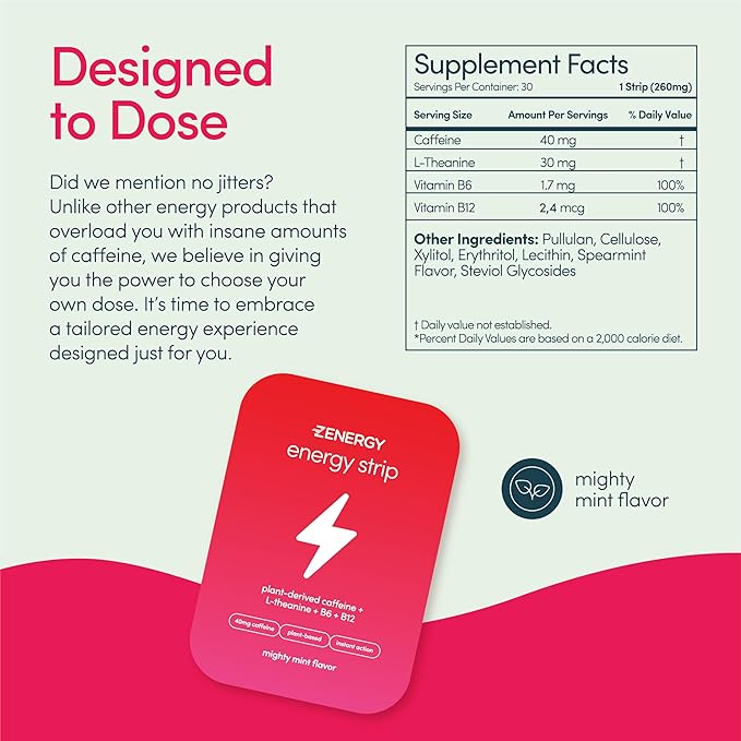 ZENERGY Energy Oral Strips - Mint Flavor | 40mg Caffeine + 30mg L-Theanine + 100% Vitamin B6 & B12 | 0 Sugar, 0 Calories, 0 Gluten, 0 Aspartame, Vegan, Plant-Based, Instant Action | 1 Tin = 30 Strips