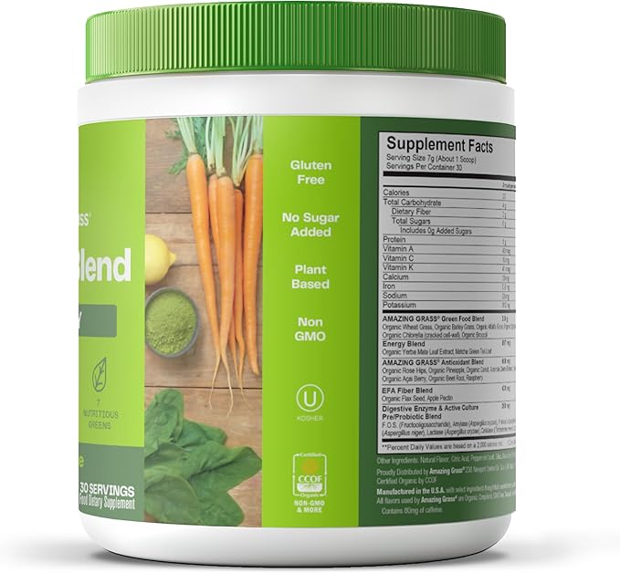 Amazing Grass Green Superfood Energy: Smoothie Mix, Super Greens Powder & Plant Based Caffeine with Green Tea and Flax Seed, Nootropics Support, Lemon Lime, 30 Servings