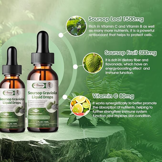 Soursop Graviola Leaf Extract Liquid Drop for Cell Regeneration & Immune Support-Vegan Soursop Bitters Liquid,99% High Absorption Form Soursop Leaf & Fruit Complex-2Fl oz