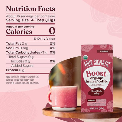 Four Sigmatic Boost Organic High Caffeine Coffee | Dark Roast Extra Strong Ground Coffee with L-Theanine & Cordyceps Mushroom Extract | Energy Booster Without the Jitters | 12oz Bag