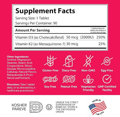Zahler - Junior Vitamin D3 + K2 Chewable Tablets for Kids| Vitamin D for Kids 2000 IU | Delicious Vitamin D K2 Chews to Support Healthy Bones & Teeth - Kosher, Less Sugar Than Gummies (90 Count)