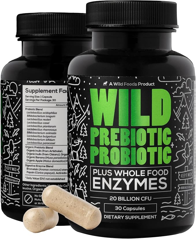 Wild Prebiotics and Probiotics with Digestive Enzymes 20 Billion 10 Strains 30 Capsules