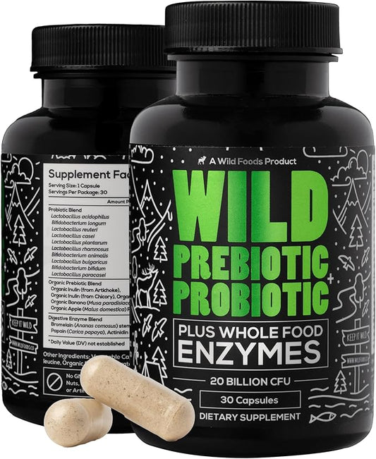 Wild Prebiotics and Probiotics with Digestive Enzymes 20 Billion 10 Strains 30 Capsules