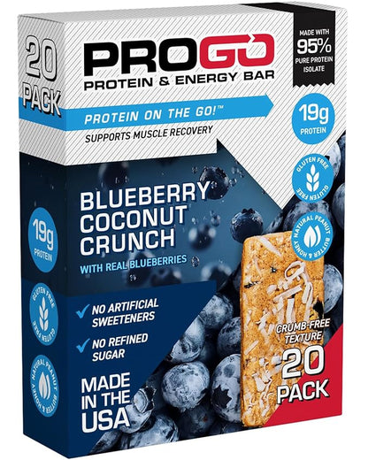 ProGo Protein Bars, Energy Bars – 19g Clean Protein, 95% Pure Isolate for Muscle Growth, Collagen for Recovery, Low Calorie, Sweetened w/ Honey & Peanut Butter (20-Count, Blueberry Coconut Crunch)