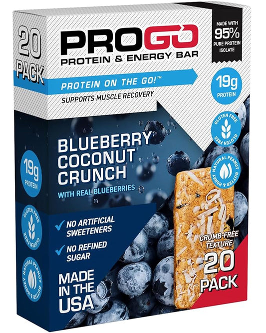 ProGo Protein Bars, Energy Bars – 19g Clean Protein, 95% Pure Isolate for Muscle Growth, Collagen for Recovery, Low Calorie, Sweetened w/ Honey & Peanut Butter (20-Count, Blueberry Coconut Crunch)