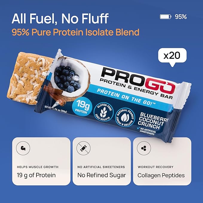 ProGo Protein Bars, Energy Bars – 19g Clean Protein, 95% Pure Isolate for Muscle Growth, Collagen for Recovery, Low Calorie, Sweetened w/ Honey & Peanut Butter (20-Count, Blueberry Coconut Crunch)