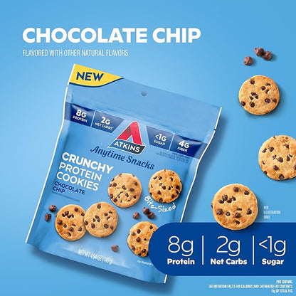 Atkins Bite-Sized Crunchy Protein Cookies, Chocolate Chip, 8g Protein, 4g Fiber, 1g Net Carb, 1g Sugar, Keto Friendly, 3 Bags (5 Servings Per Bag)