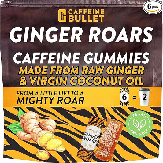 Ginger Roars - Caffeine Ginger Chews - 12 Caffeine Candies Each 33mg Caffeine with a Delicious Natural Honey Ginger Flavour & Fiery hint. Plant Based Energy Shots, a Vegan Healthy Snack for Adults.