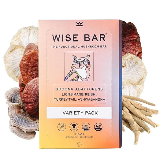 Wise Bar Adaptogen Mushroom Nutrition Bars with Reishi, Lions Mane & Ashwagandha, Organic Vegan & Gluten Free Snacks for Natural Focus, Energy & Immunity Support, Variety Flavor Pack, 12 Count