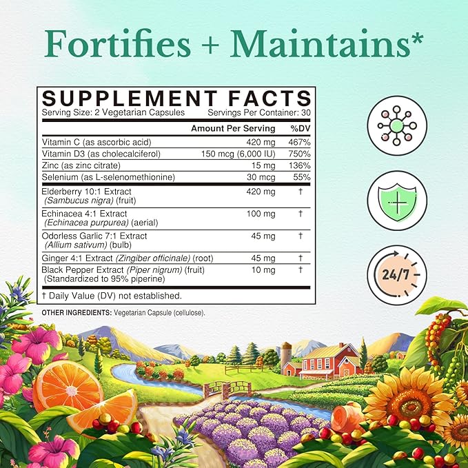 VITALITOWN Immune Support Supplement, with Elderberry, D3 6000IU, 6000IU, Selenium, 9-in-1 Immunity, 60 Caps