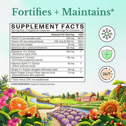 VITALITOWN Immune Support Supplement, with Elderberry, D3 6000IU, 6000IU, Selenium, 9-in-1 Immunity, 60 Caps