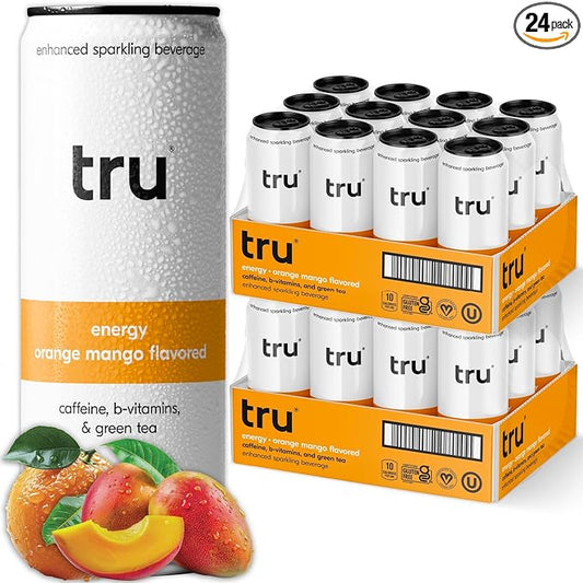 Tru Energy Seltzer, Orange Mango Flavored Sparkling Water Made with Real Fruit Juice - Clean Energy Drink plus B Vitamins - Natural Caffeine, Kosher, GF, No Added Sugar Beverages, 12oz (Pack of 24)