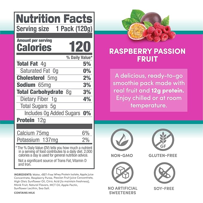 Designer Wellness Protein Smoothie, Real Fruit, 12g Protein, Low Carb, Zero Added Sugar, Gluten-Free, Non-GMO, No Artificial Colors or Flavors, Raspberry Passion Fruit, 12 Count