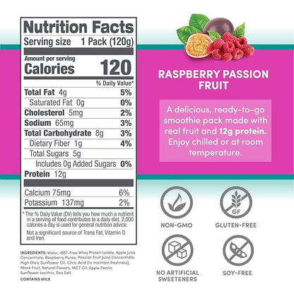 Designer Wellness Protein Smoothie, Real Fruit, 12g Protein, Low Carb, Zero Added Sugar, Gluten-Free, Non-GMO, No Artificial Colors or Flavors, Raspberry Passion Fruit, 12 Count