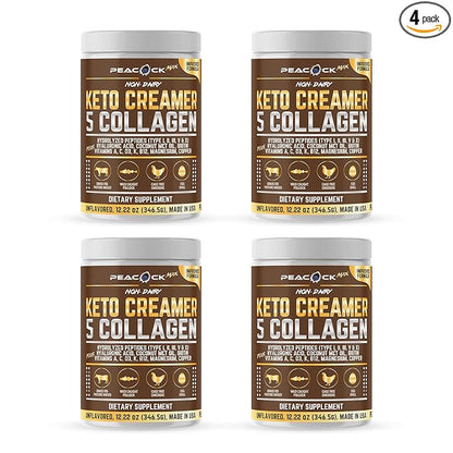 Peacock Max Collagen Keto Creamer Powder, Coconut MCT, Peptides, Unflavored, Hydrolyzed, B12, Magnesium (48.88 oz (Pack of 4))