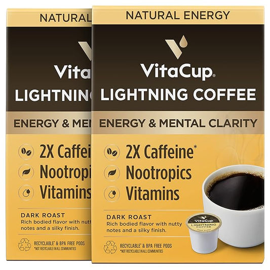 VitaCup Lightning Coffee Pods, for Memory & Focus w/ 2X Caffeine, Green Coffee Bean, B Vitamins, D3, Strong Dark Roast Coffee, Recyclable Single Serve Pod Compatible with Keurig K-Cup Brewers,32 Ct