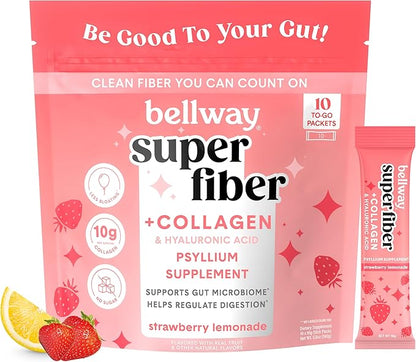 Bellway Super Fiber Packets + Collagen, Sugar-Free Psyllium Husk Powder with Collagen Peptides & Hyaluronic Acid for Gut Health, Healthy Skin, Nails, Bones & Joints, Strawberry Lemonade (10 Packets)
