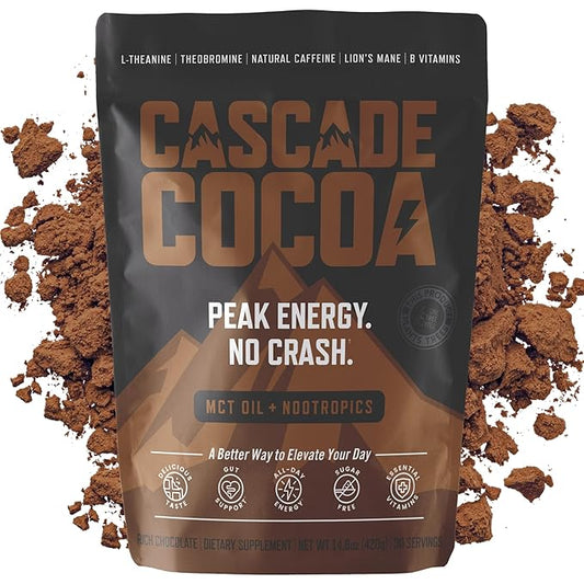 Cascade Cocoa - Nootropic Coffee Alternative | Caffeinated Hot Chocolate | Sustained Energy & Focus Without The Mid-Day Crash | 150mg Natural Caffeine | Lion's Mane + MCT OIL + L-Theanine + B Vitamins + More | One Tree Planted For Every Package Sold