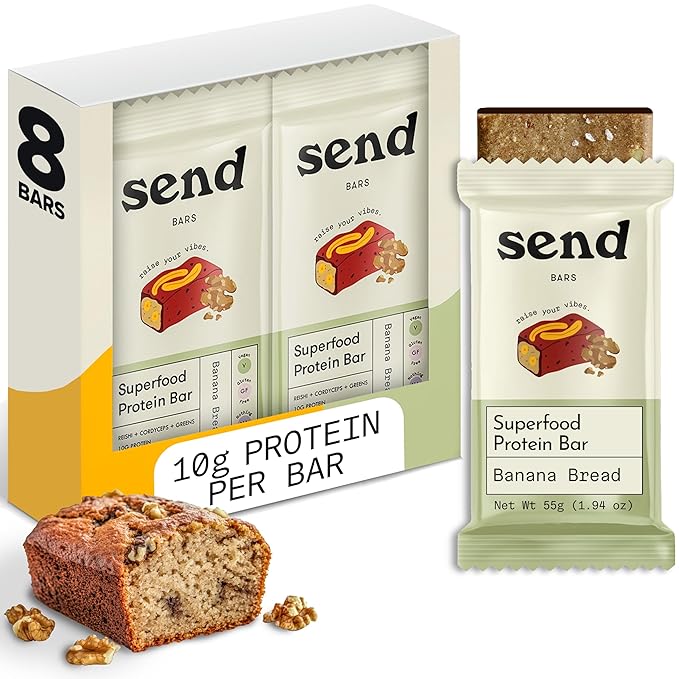 Send Bars Plant-Based Vegan Healthy Protein Bars, With Greens (Banana Bread, 8 Bars) – Increase Your Focus, Tolerance For Stress & Physical Output With Organic Ingredients