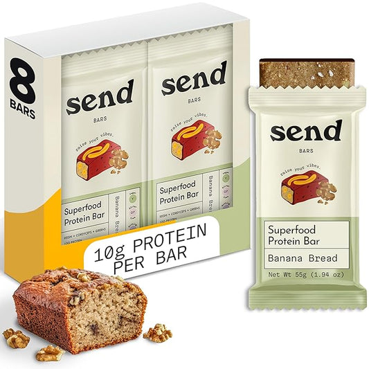 Send Bars Plant-Based Vegan Healthy Protein Bars, With Greens (Banana Bread, 8 Bars) – Increase Your Focus, Tolerance For Stress & Physical Output With Organic Ingredients