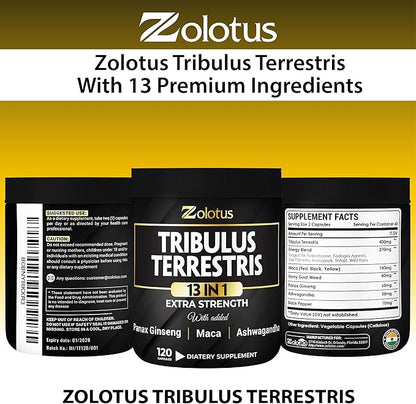 Zolotus 13in1 Tribulus Terrestris Capsules with Maca, Horny Goat Weed, Panax Ginseng, Saw Palmetto, Tongkat Ali, Shilajit & More - Energy, Stamina Supplement for Men & Women - 120 Counts