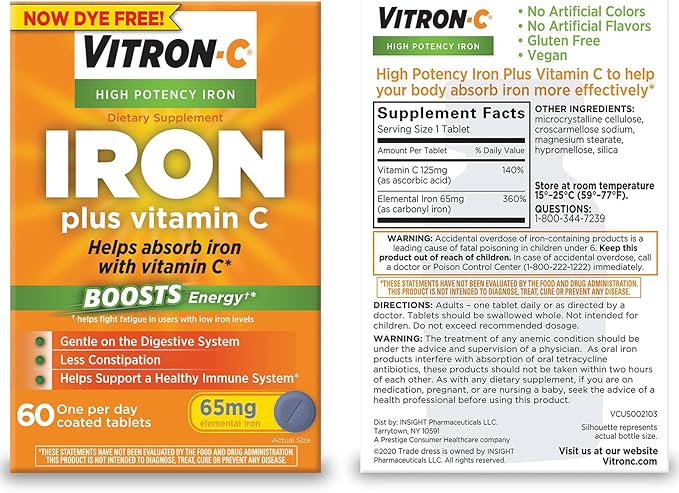 Vitron-C High Potency Iron Supplement, 60ct 400 Magnesium 60ct