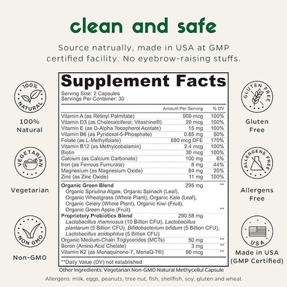 Zenkgo Multivitamins + Organic Whole Foods+Probiotics B6, B12, B12, Vegan D3, K2 K2 (MK-7), (MK-7), Folate, Superfoods(60Ct/30Day)