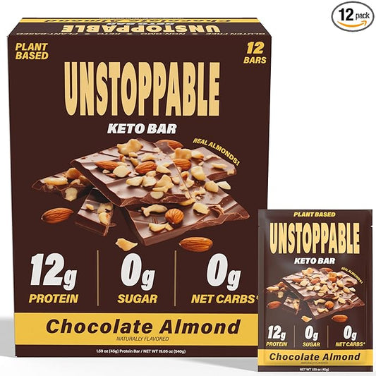 UNSTOPPABLE Vegan Protein Bars, High Protein, Plant Based, Gluten Free, High Fiber, Low Carb, Low Calorie, Healthy Snacks, No Sugar, Keto Energy Bar, Chocolate Almond, 12 Count