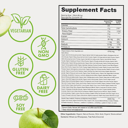 Zena Organic Super Greens Powder, 70+ Superfoods Drink Mix, 0 Sugar, 3G Fiber, Fruits, Veggies, Spirulina, Chlorella, Antioxidants, Pre & Probiotics, Digestive Enzymes, Green Apple Flavor, 30 Packets