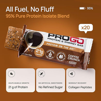 ProGo Protein Bars, Energy Bars – 21g Clean Protein, 95% Pure Isolate for Muscle Growth, Collagen for Recovery, Low Calorie, Sweetened w/ Honey & Peanut Butter (20-Count, Coffee Crunch)