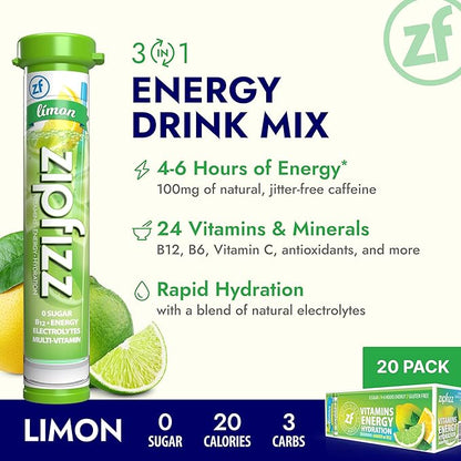 Zipfizz Daily Energy Drink Powder, Limon, 20 Pack | 3-in-1 Sustained Energy, Rapid Hydration, and Essential Vitamins | Sugar-Free | Electrolyte Powder | Contains Vitamin B-12 & Antioxidants