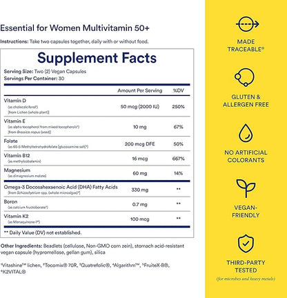 Ritual Multivitamin for Women 50+, Menopause D3, K2 K2 and Omega-3 DHA, B12, Non-GMO, 30 Day 60 Vegan