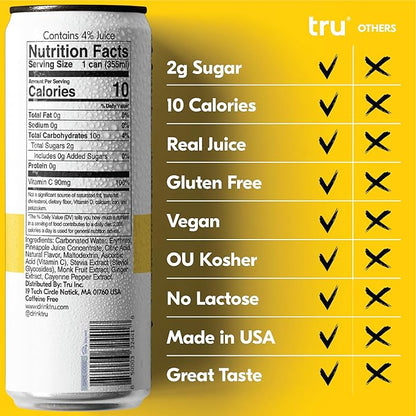 Tru Defend Seltzer, Pineapple Flavored Sparkling Water Made with Real Fruit Juice - Immune Support Drink plus 100% Vitamin C - Caffeine Free, Kosher, GF, No Added Sugar Beverages, 12oz (Pack of 24)