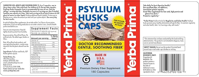 Yerba Prima Psyllium Husks Caps Dietary 625 mg, 180 Capsules