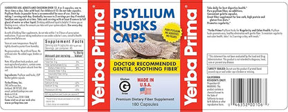 Yerba Prima Psyllium Husks Caps Dietary 625 mg, 180 Capsules